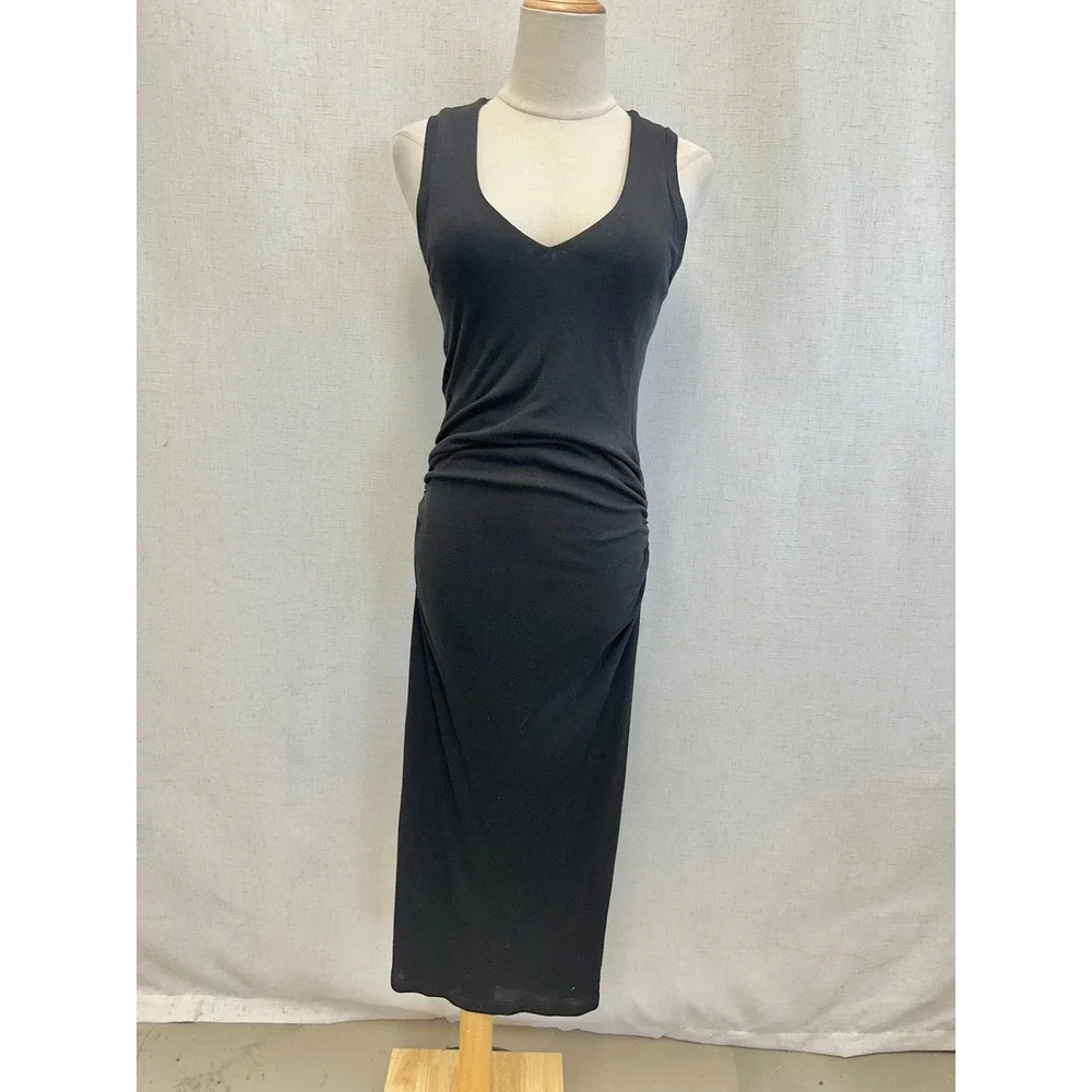 James Perse Tencel Solid Black Ruched Midi Dress Womens Size 3 Minimalist LBD